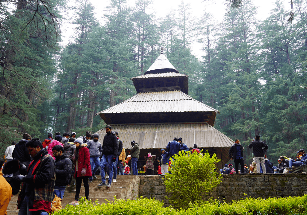 Hadimba Temple in Manali surrounded by tall deodar trees