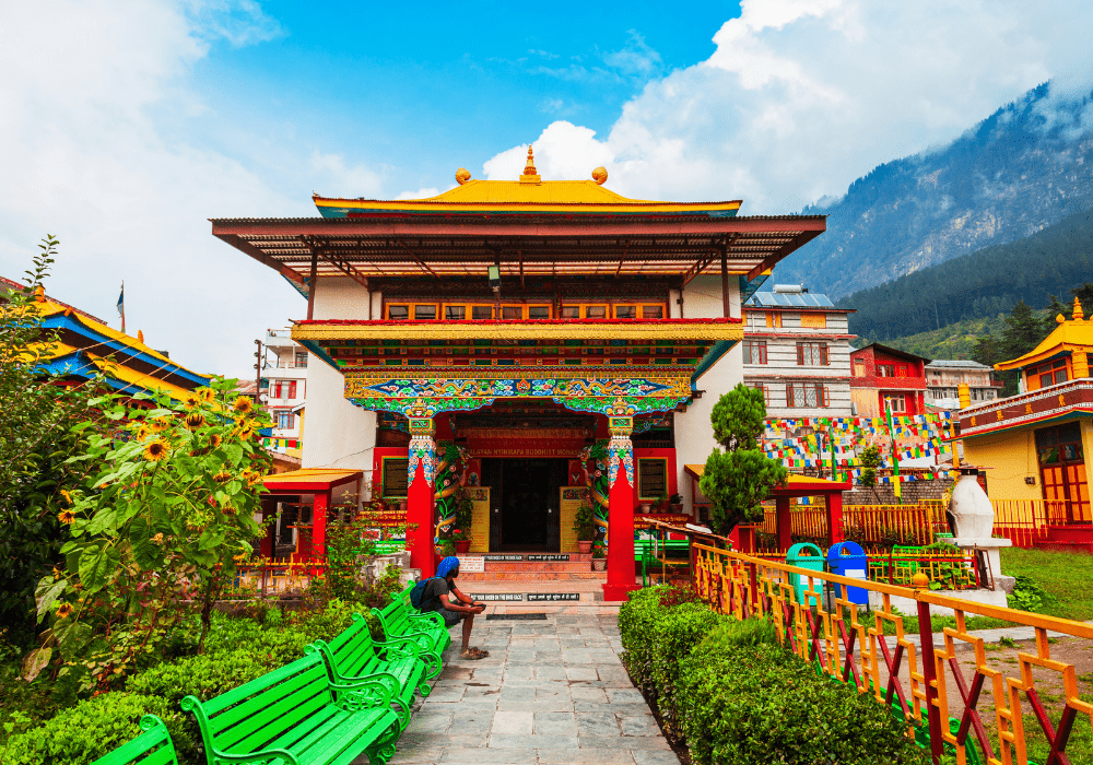 Ancient temple in Manali surrounded by deodar trees and mountains