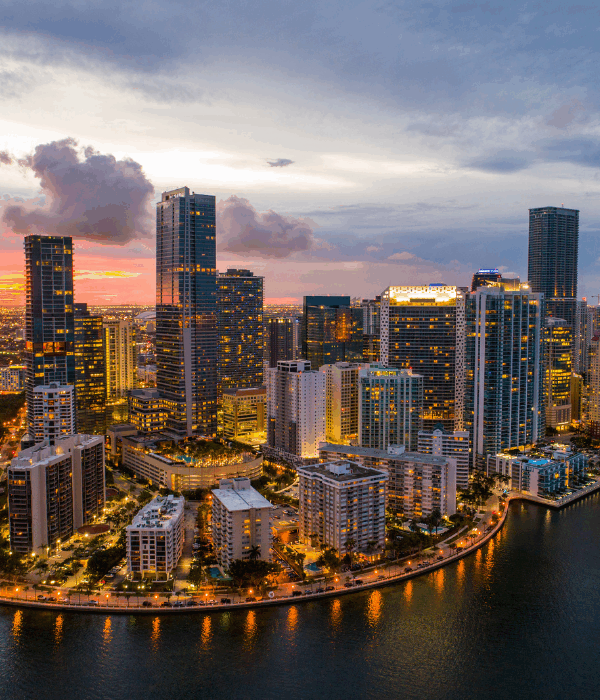 Night view of a USA city skyline showcasing lights and architecture