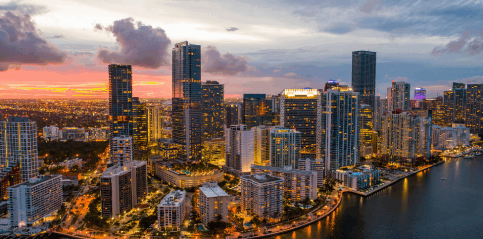 Night view of a USA city skyline showcasing lights and architecture