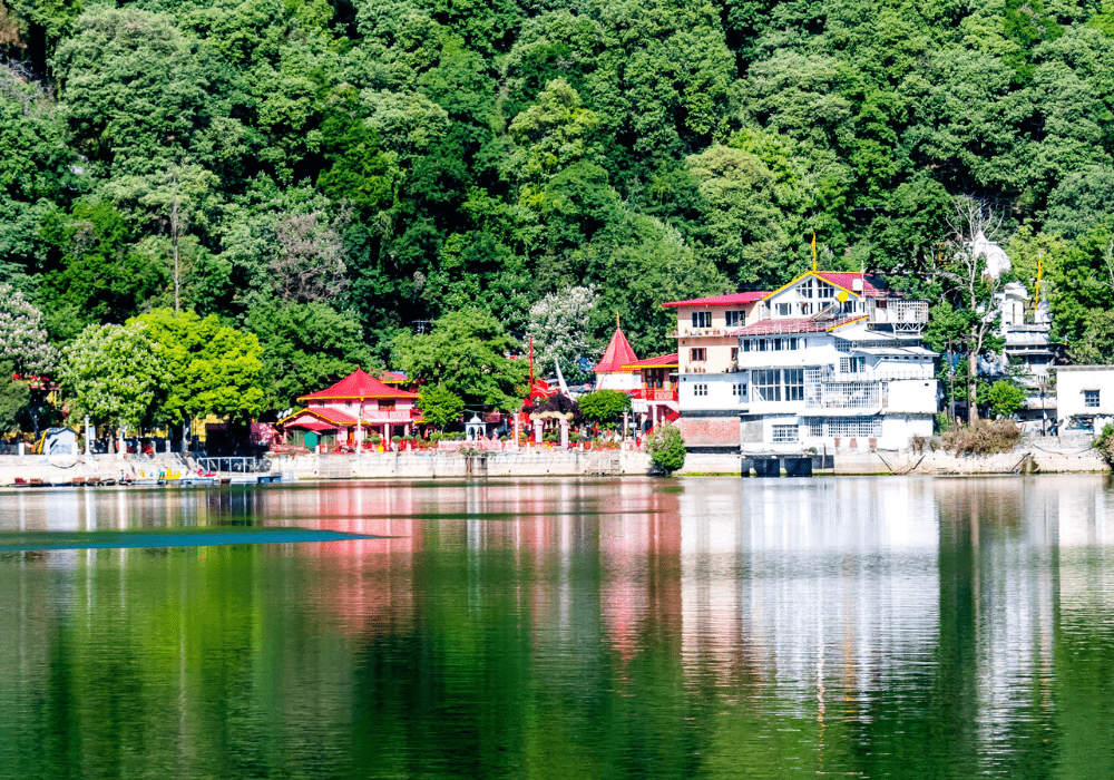 Scenic view of Nainital with lake and surrounding hills